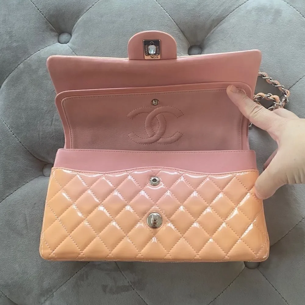 CHANEL Classic Medium Double Flap Bag peach patent